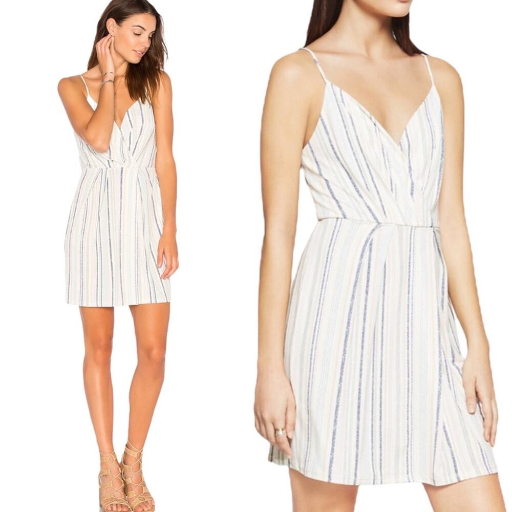 BCBGeneration Surplice Drape Front Mini Dress in Limestone Multicolor Striped L